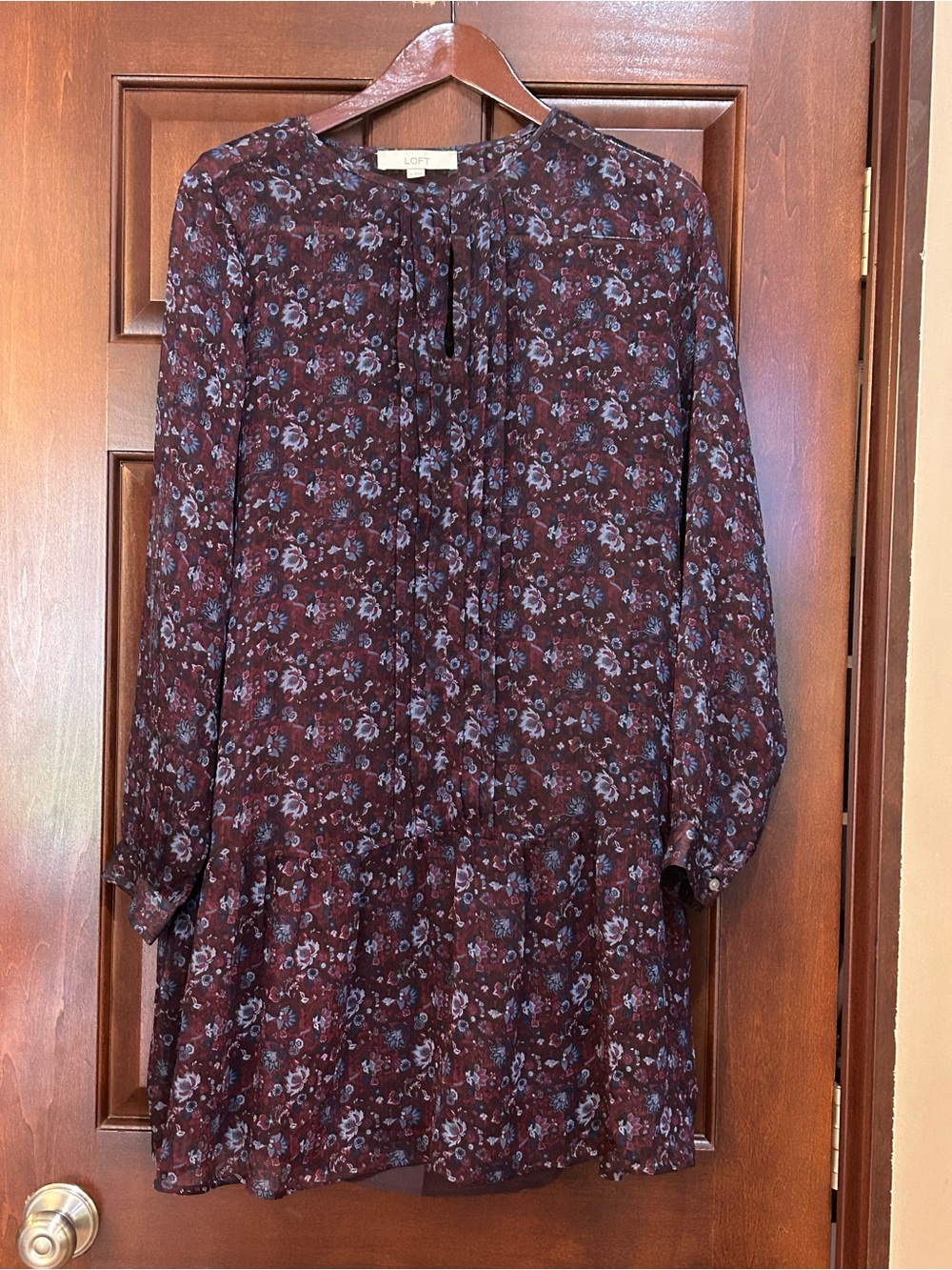 LOFT Burgundy Blue Floral Long Sleeve Tunic Dress Women’s M
